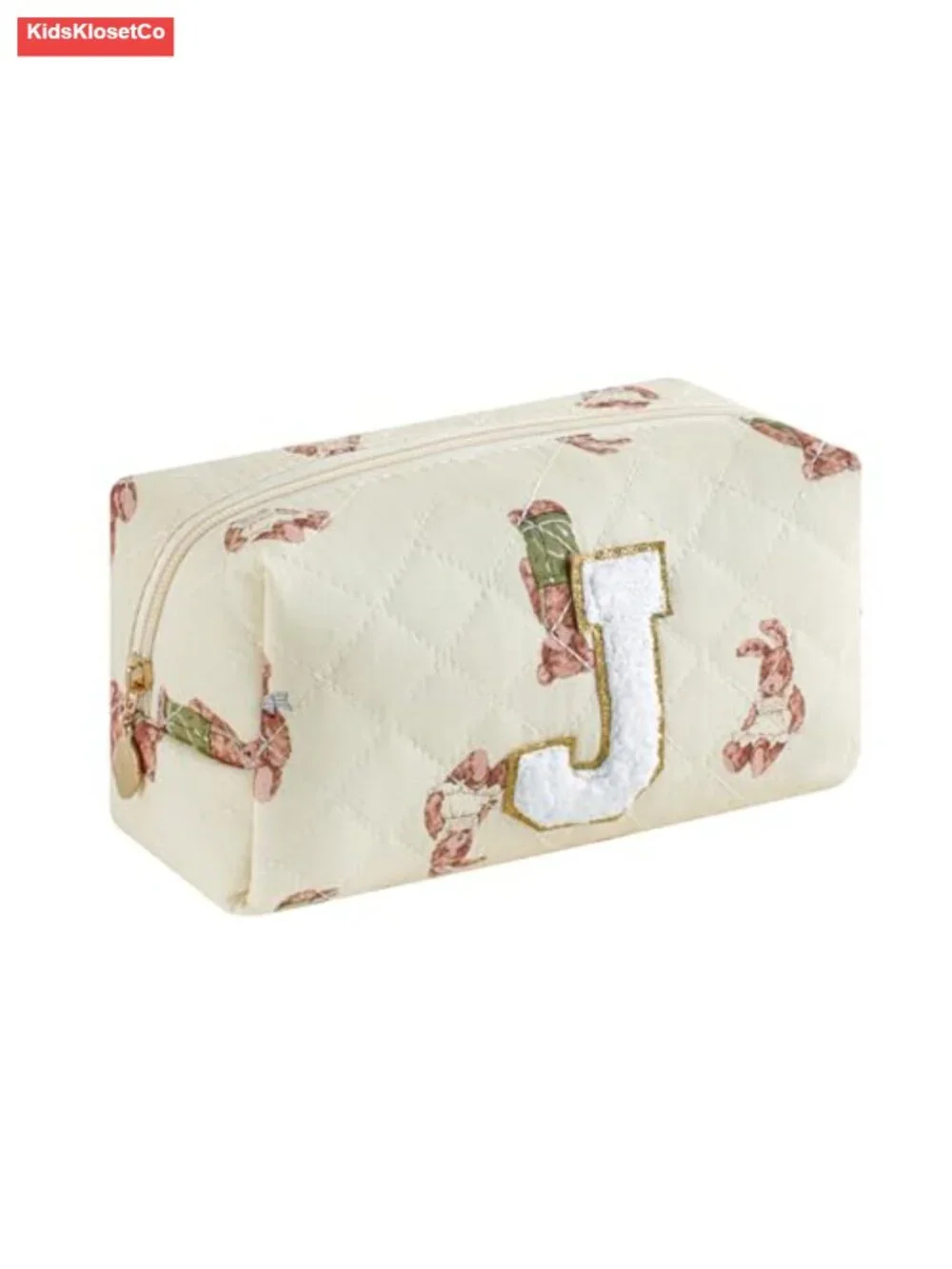 Personalized Quilted Chenille Letter Makeup Bag with Bear Pattern Travel